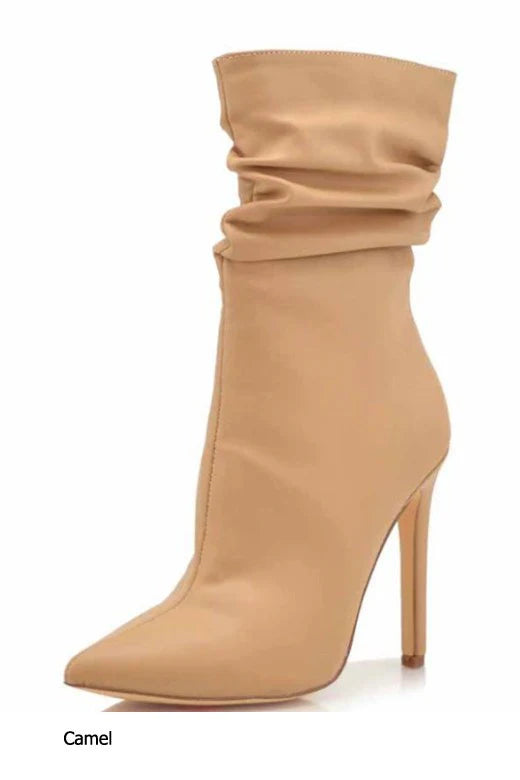 Ava Faux Leather Ruched High Heel Booties - Nude