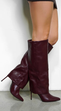 Yetta Pointed Toe Overlay High Heel Boots - Burgundy