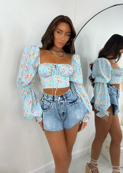 Robin Floral Print Puff Sleeve Crop Top - Blue