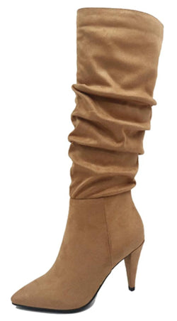 Camilla Ruched Faux Suede Knee High Boots - Taupe