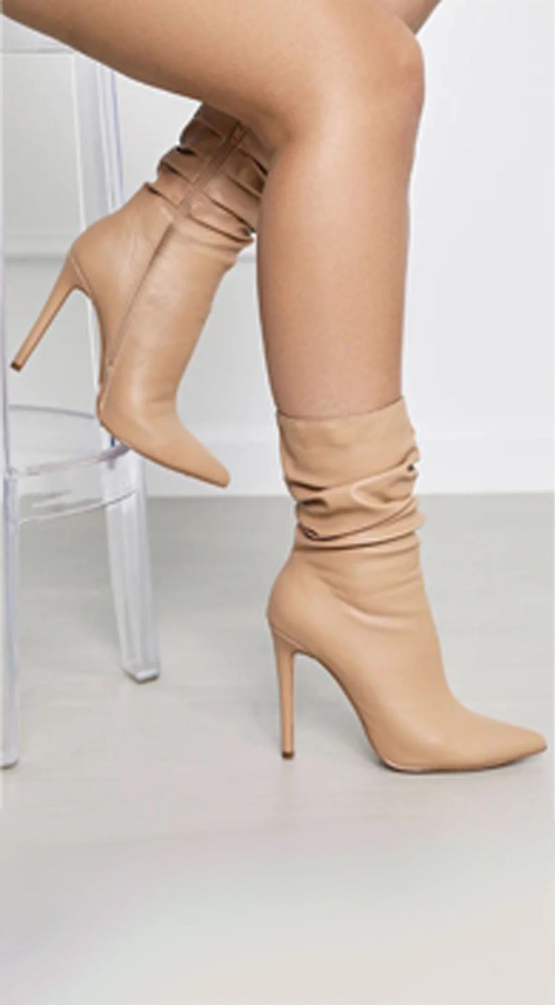 Ava Faux Leather Ruched High Heel Booties - Nude