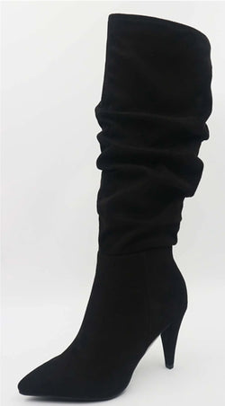 Camilla Ruched Faux Suede Knee High Boots - Black